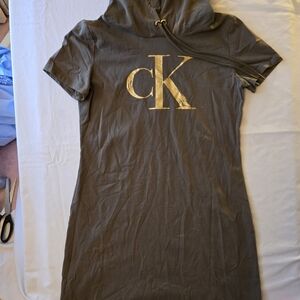 Calvin Klein Gold CK Logo Hoodie Tee Dress - Brown
